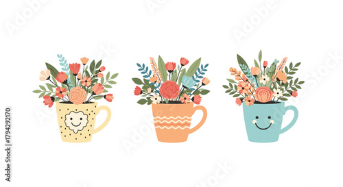Three adorable and colorful mugs with cute smiley faces, each holding a beautiful and vibrant hand-drawn bouquet of fresh flowers.