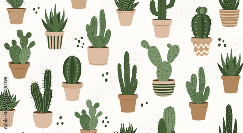 Charming seamless pattern featuring a variety of hand-drawn cactus and succulent plants in decorated pots on a light beige background.