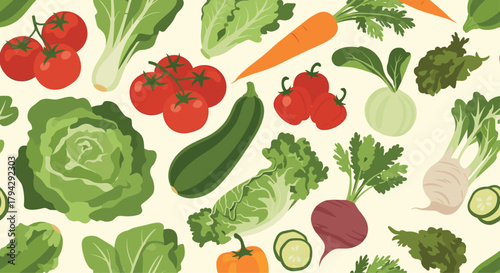 Fresh and healthy seamless pattern with a colorful variety of garden vegetables like tomatoes, carrots, lettuce, and cabbage.