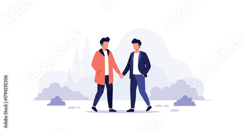 Loving gay couple of two young men holding hands while taking a romantic walk together outdoors through a simplified landscape.