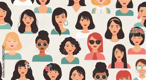 Seamless pattern featuring portraits of diverse women with different ethnicities, hairstyles, and styles, celebrating female unity.
