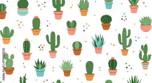 Cheerful seamless pattern with a variety of cute cartoon cactus and succulent plants in colorful pots on a white background.