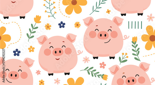 Adorable seamless pattern featuring cute, chubby pink pigs smiling happily among scattered colorful flowers and green leaves.
