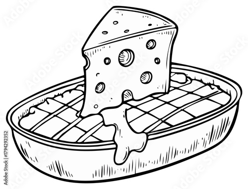 Black and white line drawing of a large wedge of Swiss cheese melting over a hot baked casserole