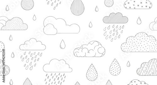 Minimalist black and white seamless pattern of various hand-drawn outline clouds, rain, and drops with different hatch textures.