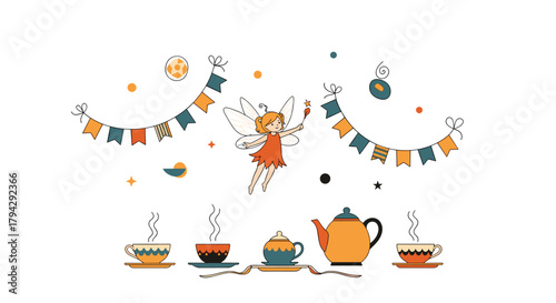 Whimsical illustration of a cute little fairy hosting a magical tea party with a teapot, cups, and colorful party banners.