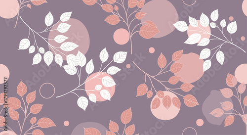 Elegant seamless pattern of delicate tree branches with pink and white leaves on a dusty purple background with abstract circles.