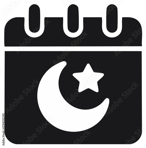 Calendar with crescent moon and star icon for Islamic holiday planning