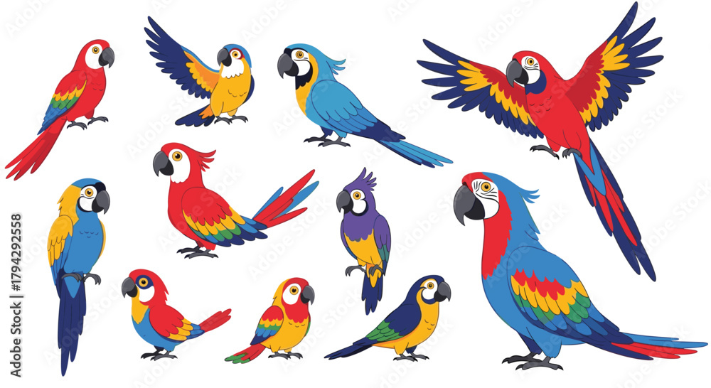 Naklejka premium Large collection of colorful cartoon parrot and macaw birds in various standing, sitting, and flying poses on a white background.