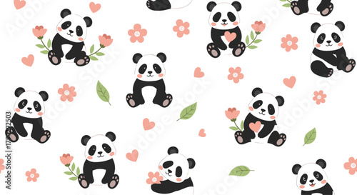 Adorable seamless pattern of cute cartoon panda bears sitting among delicate pink flowers and hearts on a white background.