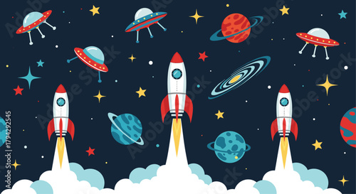 Fun seamless space pattern with cartoon rockets launching into a galaxy of planets, stars, and alien UFOs on a dark background.