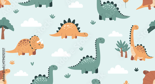 Cute seamless pattern for children featuring friendly cartoon dinosaurs, palm trees, and clouds on a soft light blue background.