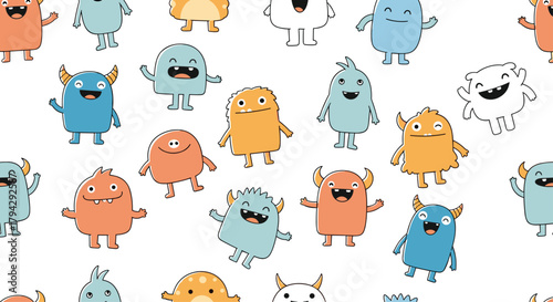 Playful seamless pattern with cute and friendly hand-drawn monsters in a simple, colorful doodle style on a white background.