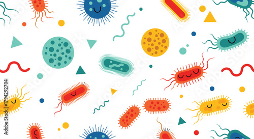 Colorful seamless pattern with cute cartoon bacteria and virus characters with happy faces. This playful microbiology design is perfect for kids' educational materials.