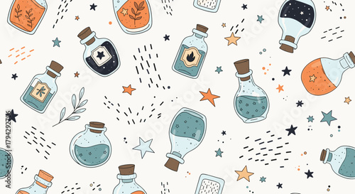 Enchanting seamless pattern with hand-drawn magic potion bottles, stars, and twigs. This whimsical fantasy background is perfect for kids' fabric, wallpaper, or party supplies.