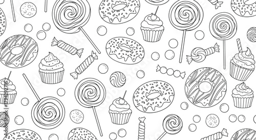 Outlined seamless pattern with hand-drawn lollipops, cupcakes, and donuts in a black and white doodle style. This sweet background is perfect as a coloring page.