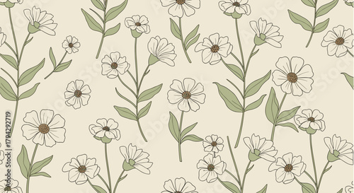 Vintage seamless pattern with delicate hand-drawn daisy flowers and green leaves on a beige background. This charming botanical design is perfect for rustic fabric or wallpaper.