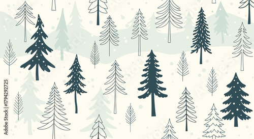 Winter forest seamless pattern with hand-drawn pine and fir trees on a snowy background. This cozy, rustic design is perfect for Christmas wrapping paper or holiday fabric.