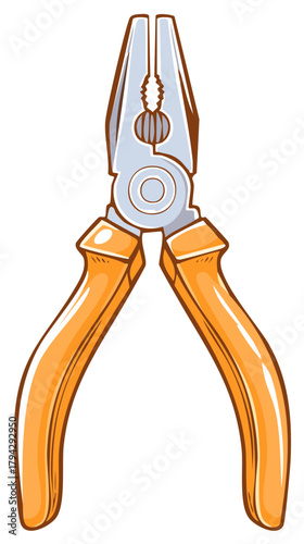 Cartoon style illustration of a standard pair of orange pliers hand tool