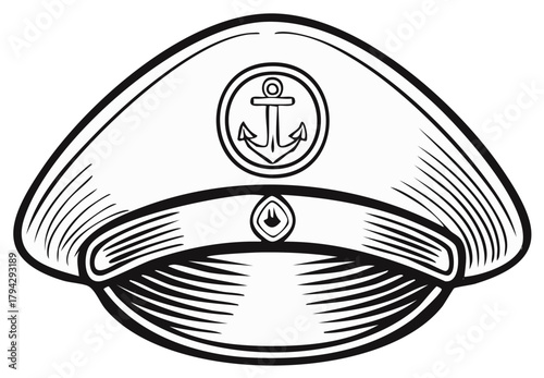 Classic black outline illustration of a maritime captain hat with an anchor insignia