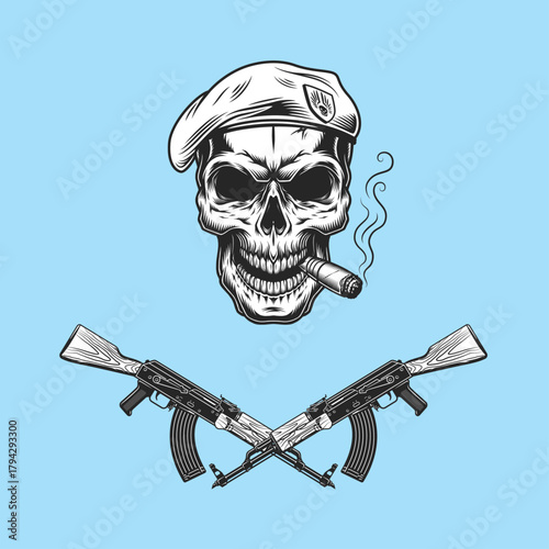 Skull and Guns: A skull with a beret, smoking a cigar, and two rifles crossed below it on a blue background.