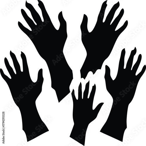 Silhouetted hands reaching up in a spooky and mysterious halloween illustration on transparent background