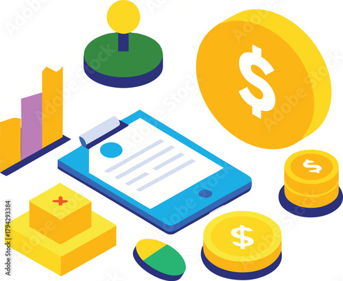 Isometric Business Finance Management Vector Illustration Showing Golden Dollar Coins Stacks Bar Chart Data Report Clipboard User Profile Icon And Healthcare Costs Calculation Elements For F