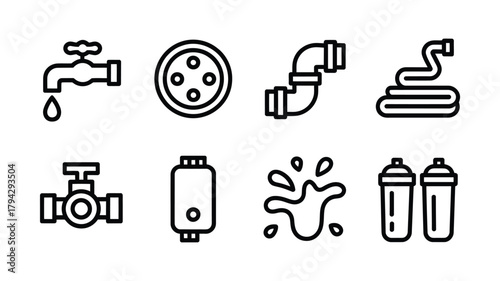 Plumbing and water system icons set