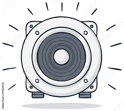 Cartoon audio speaker playing loud music, hand drawn doodle illustration