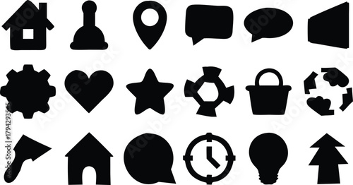 Collection of simple black silhouette icons representing various common concepts on transparent background