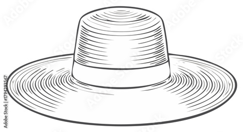 Monochrome straw hat drawing with wide brim and cylindrical crown fashion accessory sketch vintage headwear illustration summer style