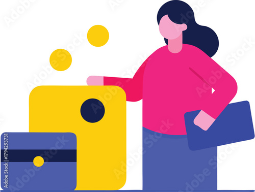 Vibrant Flat Design Illustration of a Young Woman Successfully Handling Financial Resources and Digital Data Storage Management Concepts in a Modern Business Environment