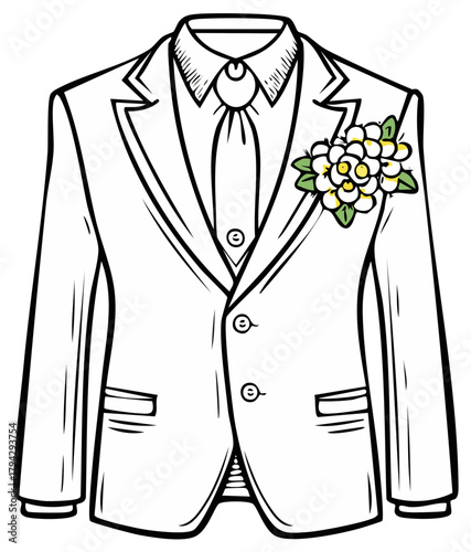 Elegant formal suit jacket with boutonniere line art illustration