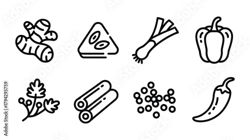 Hand drawn line art icons of various fresh ingredients