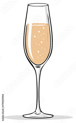 Elegant champagne flute filled with bubbly golden beverage and effervescent bubbles.