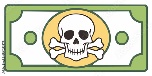 Money danger symbol skull and crossbones on green dollar bill illustrating financial risk or toxic investment