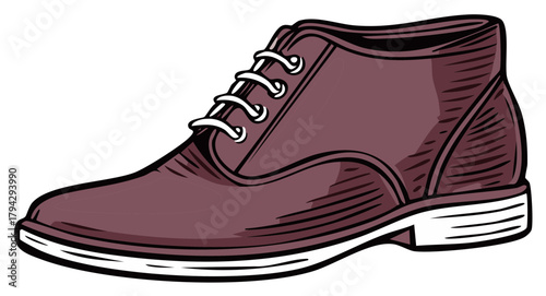 Maroon leather boot with white laces cartoon illustration on white background