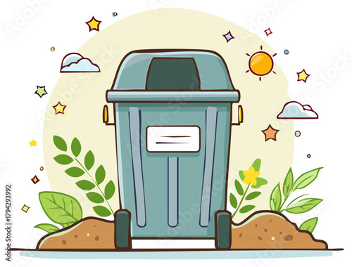 Recycle bin, ecology, environment and natural resources in cartoon drawing