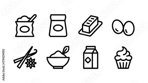 Baking ingredients icons set for recipes and cooking