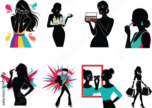 A modern collection of flat color silhouette cosmetics model vectors featuring stylish beauty poses and creative makeup concepts. Ideal for beauty advertising, editorial design and fashion magazines.