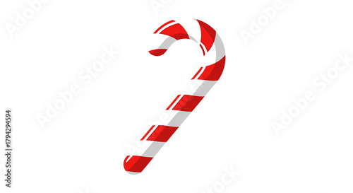 Candy cane decoration with red and white stripes on white background  