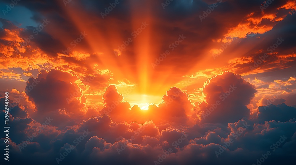 Naklejka premium Radiant sunset through clouds