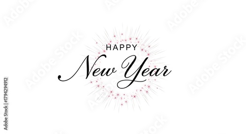 Elegant typographic design with happy new year in script font surrounded by delicate pink floral elements on a clean white background perfect for festive greetings and celebrations