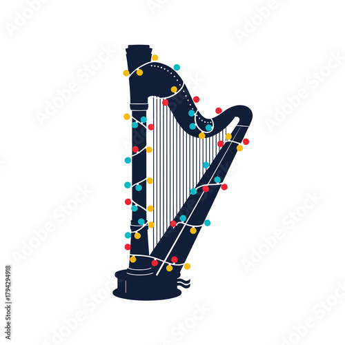 Harp adorned with colorful holiday lights in festive design  