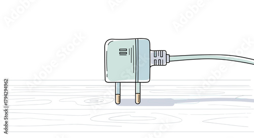 Plug adapter lying on wooden surface with power cable connected  