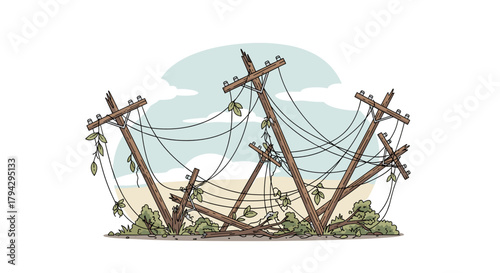 Downed power lines with fallen poles and vegetation in rural area  