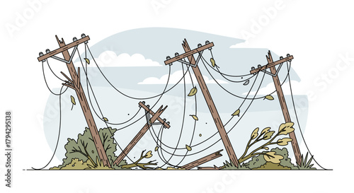 Downed power lines and wooden poles after storm with debris  