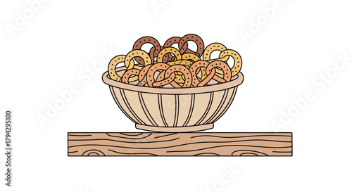 Pretzel basket filled with various pretzels on wooden surface  