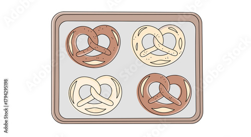 Pretzel dough arranged on baking sheet in various colors  