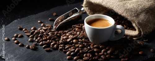The Espresso Cup Surrounded by Roasted Coffee Beans and Burlap Sack on Slate